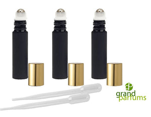 3  Black Glass Rollon Bottles PREMIUM UPSCALE roll-on Stainless Steel Metal Roller Fitments Gold Metallic Cap Masculine 10ml 1/3 Oz