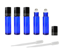 Load image into Gallery viewer, 12 SOLID Cobalt Blue PREMIUM Roll On Bottles Matte Silver Cap STAINLESS Steel Roller Balls 10ml Essential Oil, Perfume Roller Ball 1/3 Oz.