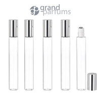 Load image into Gallery viewer, 6 Roller Bottles, Long Slim Glass 10ml Amber Roll-on, Perfume Bottles STAINLESS STEEL Ball Fitment, 1/3 Oz Essential Oil, Lip Gloss, 10 ml