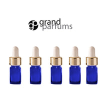 Load image into Gallery viewer, 6 Mini 5ml COBALT BLUE Essential Oil Glass Dropper Bottles 1/6 Oz Boston Round w/ Shiny Metallic GOLD Glass Pipette White Medicine Bulb 5 ml